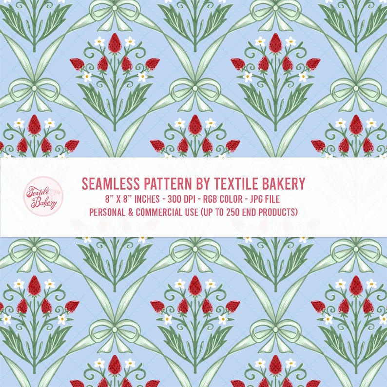 May include: A seamless pattern with a repeating design of red strawberries, white flowers, and green leaves and bows on a light blue background. The pattern is 20.32 cm x 20.32 cm.