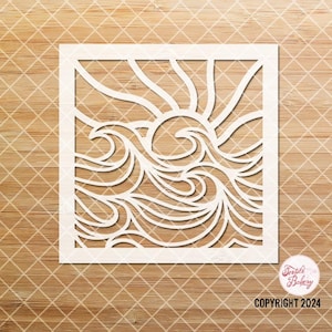 Wave with Sun Stencil, Ocean Stencil, Surf Stencil, Water Stencil, Journal Stencil, Reusable Stencil, Craft Stencil, Summer Stencil