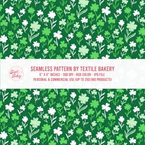 May include: A seamless pattern featuring a repeating floral design with white and green flowers and leaves on a dark green background. The pattern is 8 x 8 inches and is for personal and commercial use.