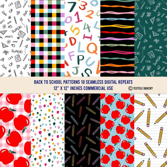 10 Back to School Patterns, Paper Pack, Fall Patterns, Digital Paper, School Patterns, Seamless Patterns, Digital Download, Teacher Patterns