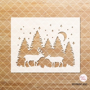 Pine Tree Stencil, Reindeer Stencil, Forrest with Deer Stencil, Fir Tree Stencil, Tree Silhouette, DIY Stencil, Craft Stencil, Tree Stencil