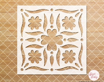 Clover Folk Art Tile Stencil, Floral Tile Stencil, Folk Art Tile Stencil, Floor Tile Stencil, Reusable Stencil, DIY Stencil, Flower Stencil