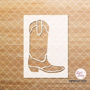 May include: White silhouette of a cowboy boot with a pointed toe and a tall shaft. The boot is on a white background.