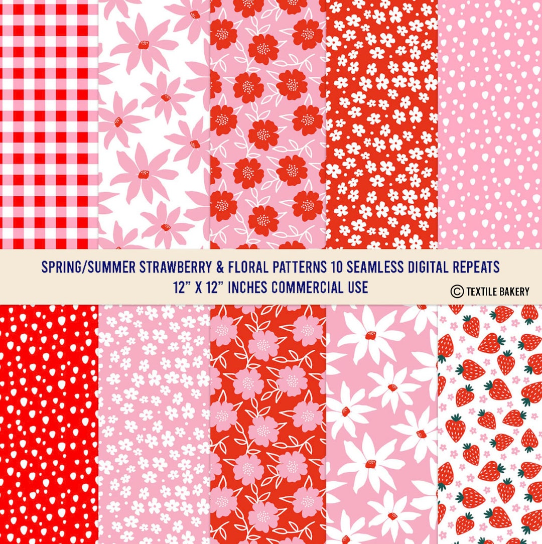 10 Spring Summer Patterns, Paper Pack, Strawberry Pattern, Digital ...