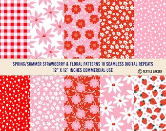 May include: Ten digital seamless patterns in red, pink, and white featuring strawberries, flowers, and gingham. The patterns are 12 inches by 12 inches and are for commercial use.