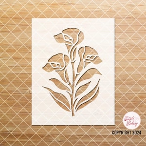 May include: White stencil of three stylized flowers with leaves. The stencil is on a woodgrain background. The text "Textile Bakery" and "COPYRIGHT 2024" is at the bottom of the image.