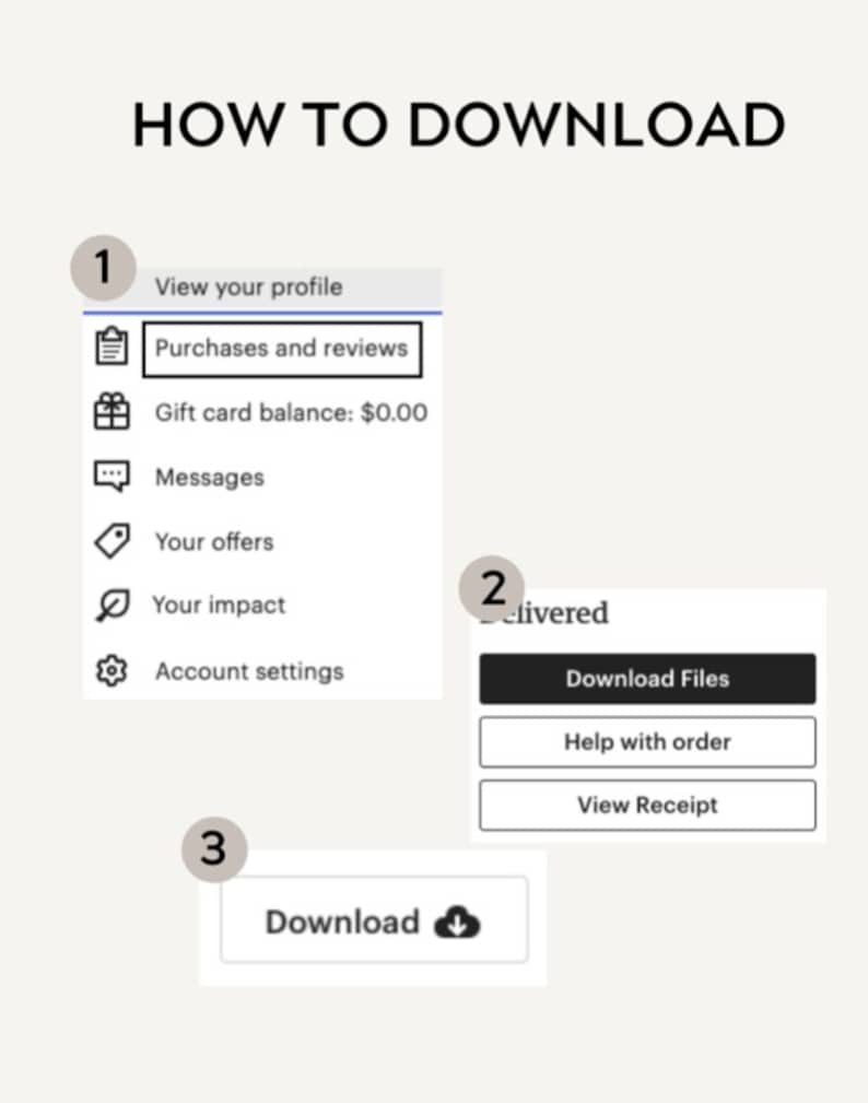 May include: A guide titled "HOW TO DOWNLOAD" showing the steps to download files. The guide includes numbered steps with text such as "Purchases and reviews" and "Download Files". The background is a light beige colour.
