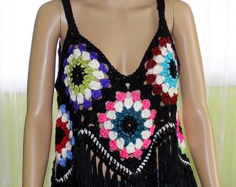 OOAK Women's Boho Granny Square Retro Style Tank, Crocheted Hippie Festival Camisole Crop Top CRAZY BLACK Small