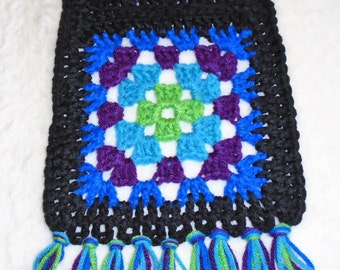 Crocheted Granny Square Retro Boho Style Women's Scarf JEWEL TONES Black