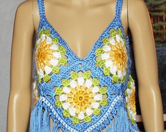 OOAK Women's Boho Granny Square Retro Style Tank, Crocheted Hippie Festival Camisole Crop Top DAISY Small