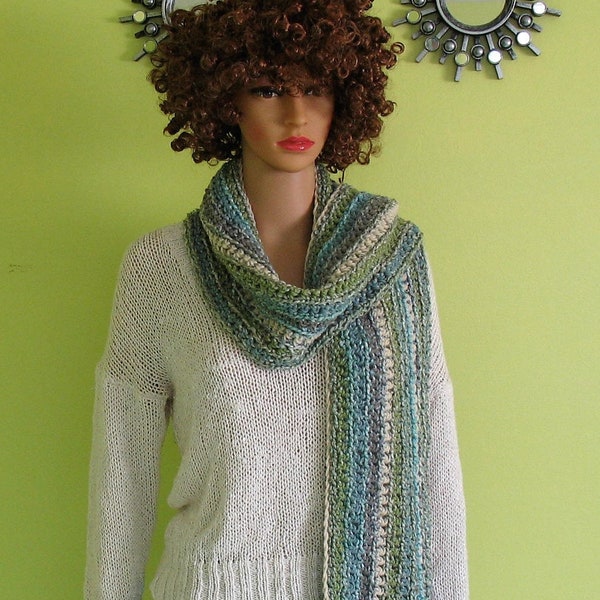 Women's Crocheted Striped Scarf Handmade OOAK Winter Fashion Long Fringed Style OCEAN