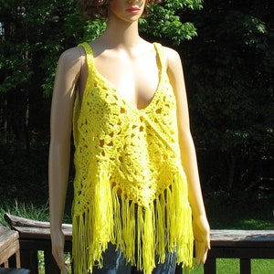 OOAK Women&#39;s Boho Granny Square Retro Style Tank Top, Crocheted Hippie Festival Camisole YELLOW L, XL