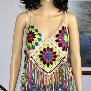 OOAK Women&#39;s Boho Granny Square Retro Style Tank, Crocheted Hippie Festival Camisole Crop Top JEWEL Small