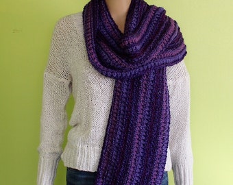 Women's Crocheted Striped Scarf Handmade OOAK Winter Fashion Long Fringed Style PURPLES