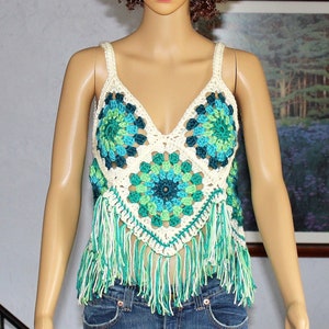 OOAK Women&#39;s Boho Granny Square Retro Style Tank, Crocheted Hippie Festival Camisole Crop Top CARIBBEAN Small