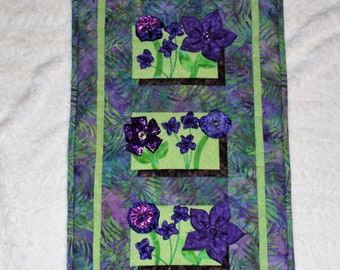 3 Dimensional Art Quilt . Quilted Wall Hanging . Shadow Box Quilt . Floral Picture...Purple and Lime Green FERN BATIK