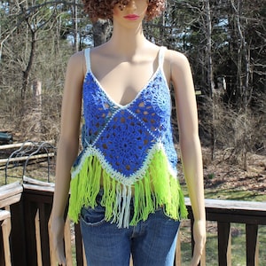 OOAK Women&#39;s Boho Granny Square Retro Style Tank, Crocheted Hippie Festival Camisole Crop Top BLUE GREEN Small