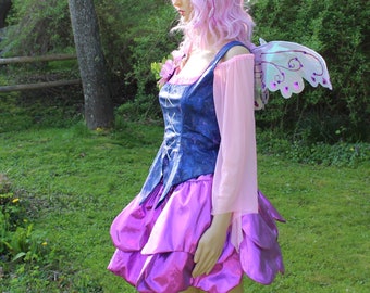 OOAK Women's FLOWER FAIRY Fantasy Costume Faerie Festival Purple Petal Skirt Blue Corset Vest Pink CropTop Wings Headpiece Bouquet Small