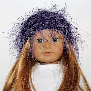 18&quot; Doll Clothes fit American Girl Crocheted Wild & Crazy Fun Fur Hat DEEP PURPLE SHIMMER