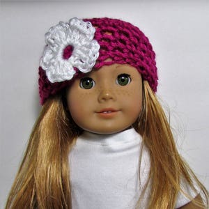 18&quot; Doll Clothes fit American Girl Crocheted Summer Hat with Flower FUCHSIA