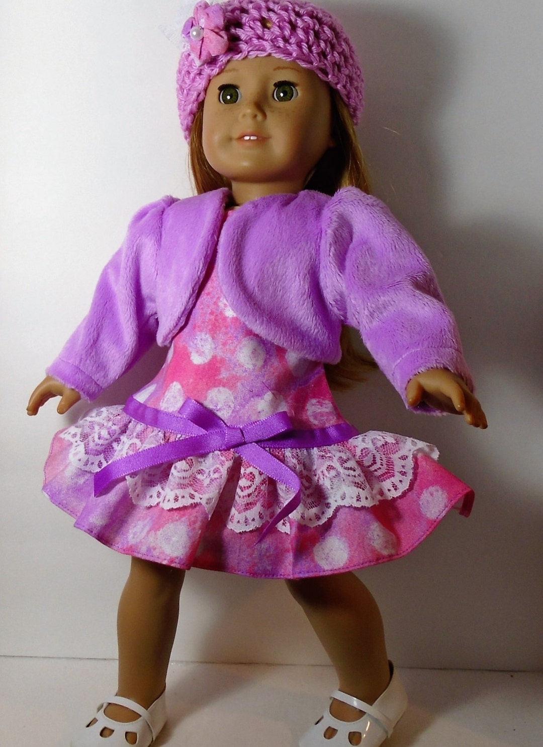 18 Doll Clothes Fit American Girl Dress Bolero Crocheted Hat Flower Pin