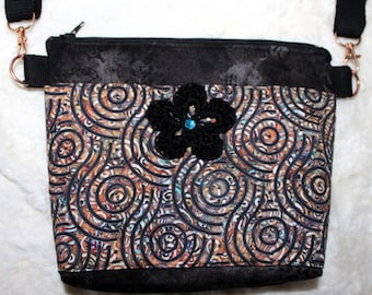 Festival Fabric Over the Shoulder Crossbody Purse Boho Bag with Adjustable Strap, Zipper and Pockets BLACK SPIRALS