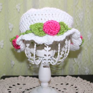 Baby Toddler Girl Crocheted Scalloped Flower Hat WHITE PINK ROSE