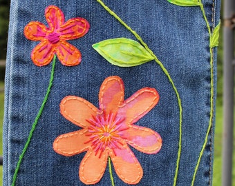 OOAK Womens Upcycled Boho Retro Style Flower Embroidered OOAK Womens Upcycled Boho Retro Style Flower Embroidered
