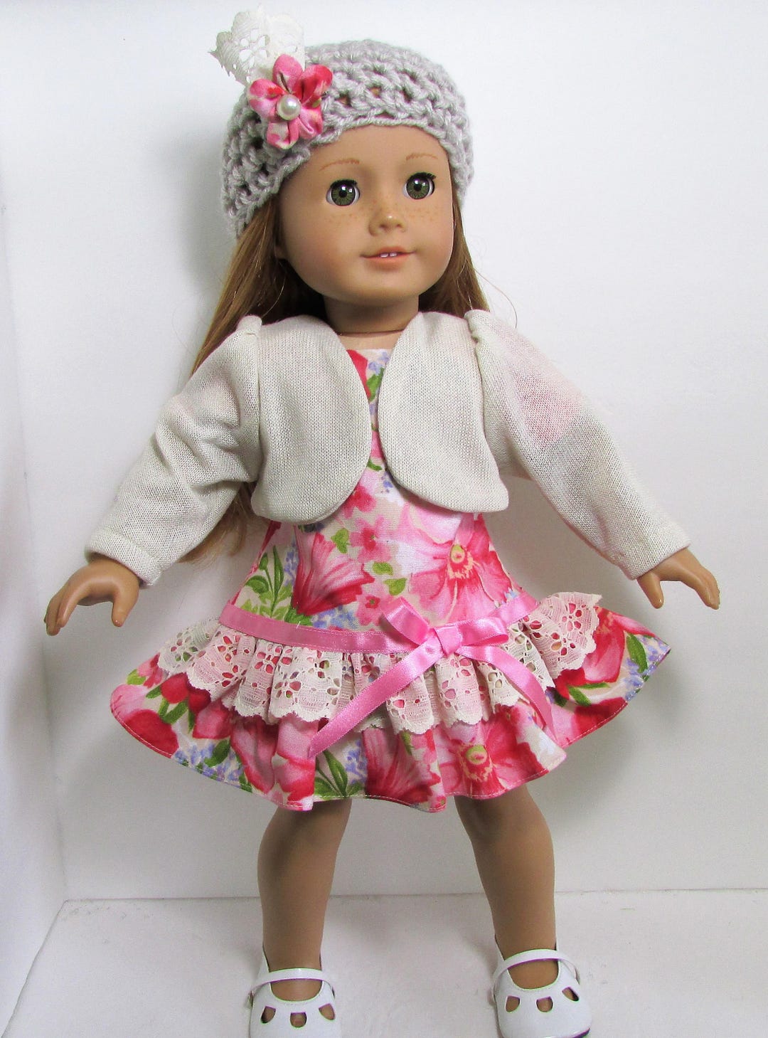 18 Doll Clothes Fit American Girl Dress Bolero Crocheted Hat Flower Pin