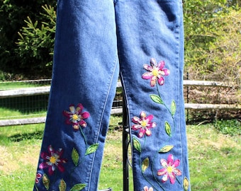 OOAK Women's Upcycled Boho Retro Style Flower Embroidered Denim Jeans The Flirt size 10 ...Merlot & Peach Batik