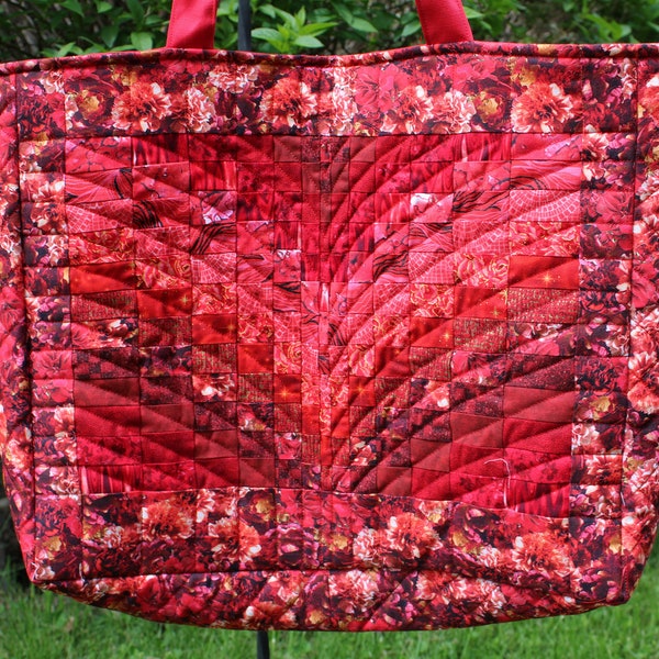 Large Heavy Duty Bargello Quilted Cotton Fabric  Canvas Lined Eco-Friendly Washable Shopping Market Tote Bag CARNATION RED