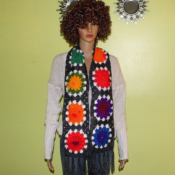 Crocheted Granny Square Retro Boho Style Women's Starburst Scarf RAINBOW & GRAY