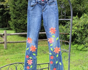 OOAK Womens Upcycled Boho Retro Style Flower Embroidered Denim Arizona Jeans Bootcut size 9 ...Pink & Orange Batik