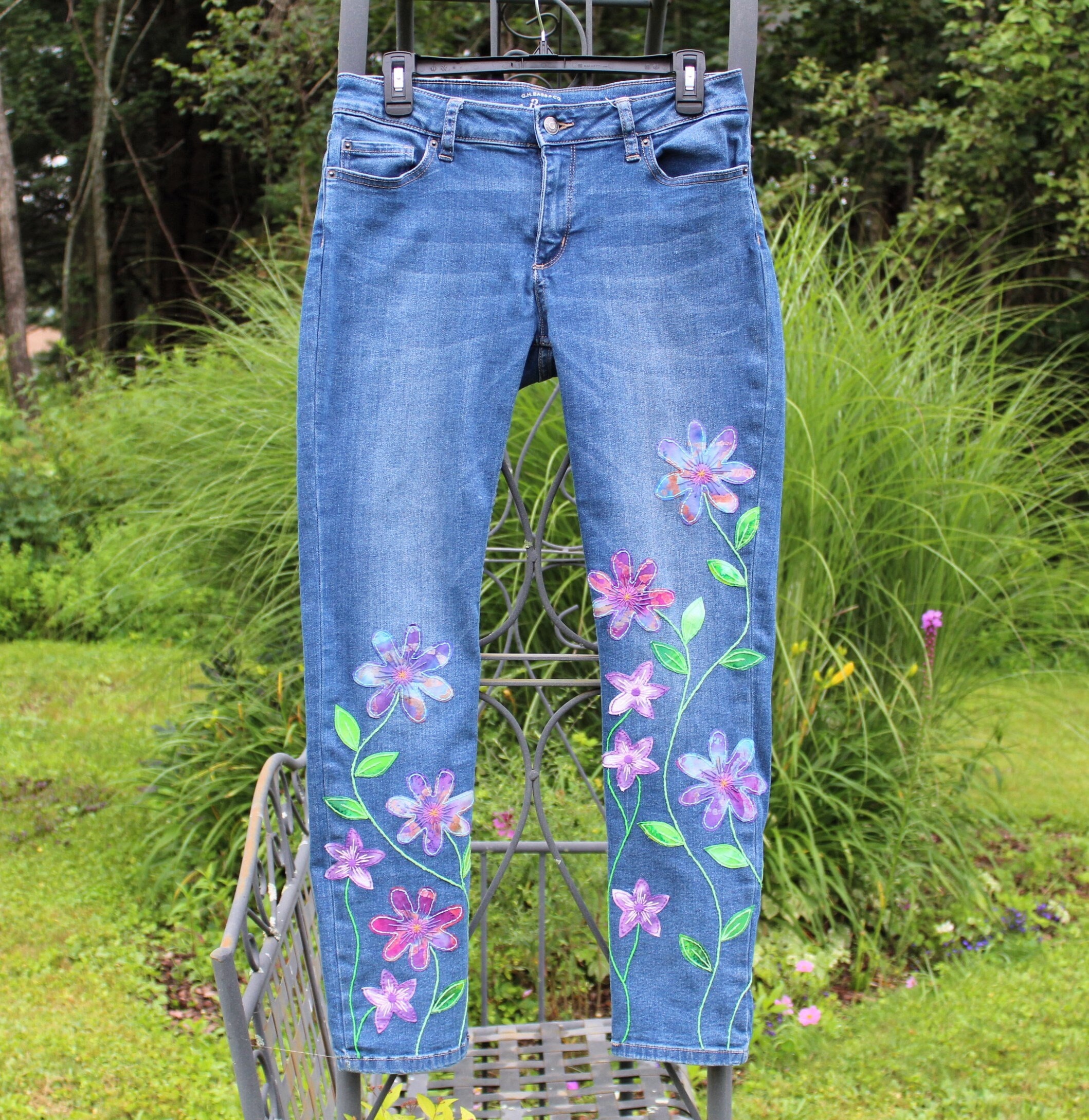 OOAK Womens Upcycled Boho Retro Style Flower Embroidered Denim 