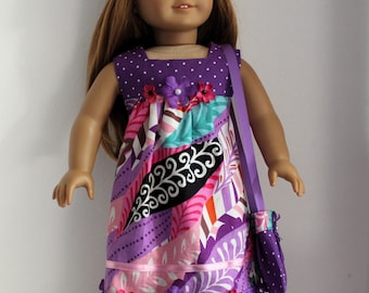 18" Doll Clothes fit American Girl Flower Child Boho Maxi Dress + Purse + Headband WILD PINK & PURPLE