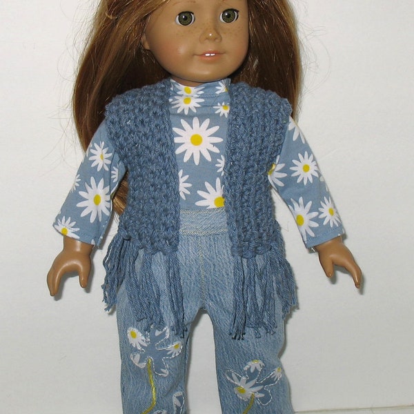 18" Doll Clothes fit American Girl Boho Retro Style Flower Denim Jeans Crocheted Fringed Vest Top Outfit HIPPIE DAISIES on BLUE