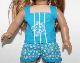 18" Doll Clothes fit American Girl Summer Shorts / Camisole Set TURQUOISE DAISY