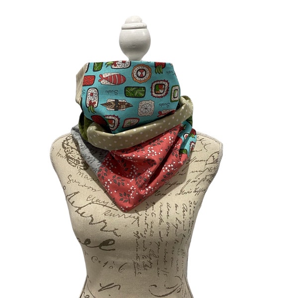 Foulard infini, sushi, vert, brun, bleu, saumon, gris