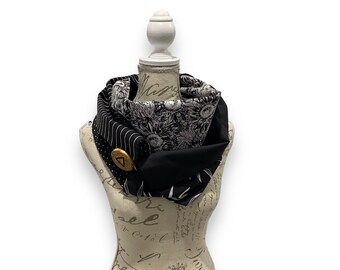 Scarf, flowers, sunflowers, white, black, big button