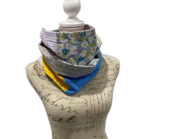 Infinity scarf, flowers, blue, lavender, yellow, gray