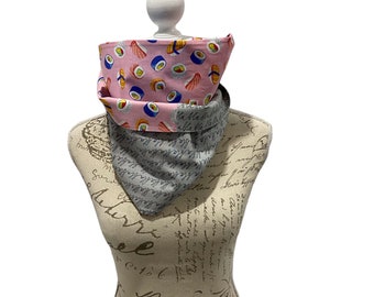 Infinity scarf, sushi, blue, pink, gray