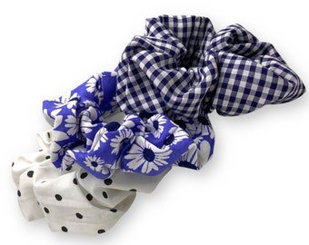 Chouchou, scrunchie, tiled, navy, flowers, polka dots, white, black, blue