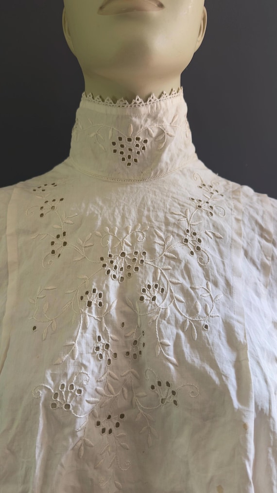 Antique Edwardian Lace Cut White Work High Collar Shirt Blouse