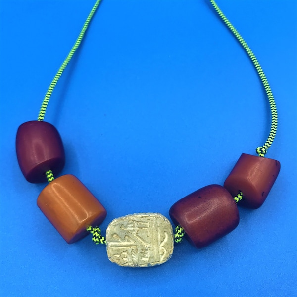 Old Amber Egyptian Scarab Necklace