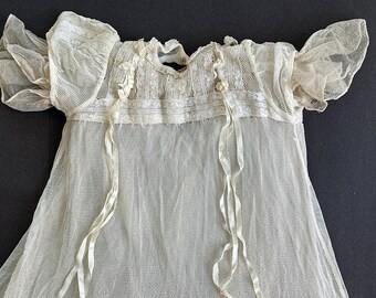 Antique Baby Doll Lace Silk Ribbon Gown Dress & Slip