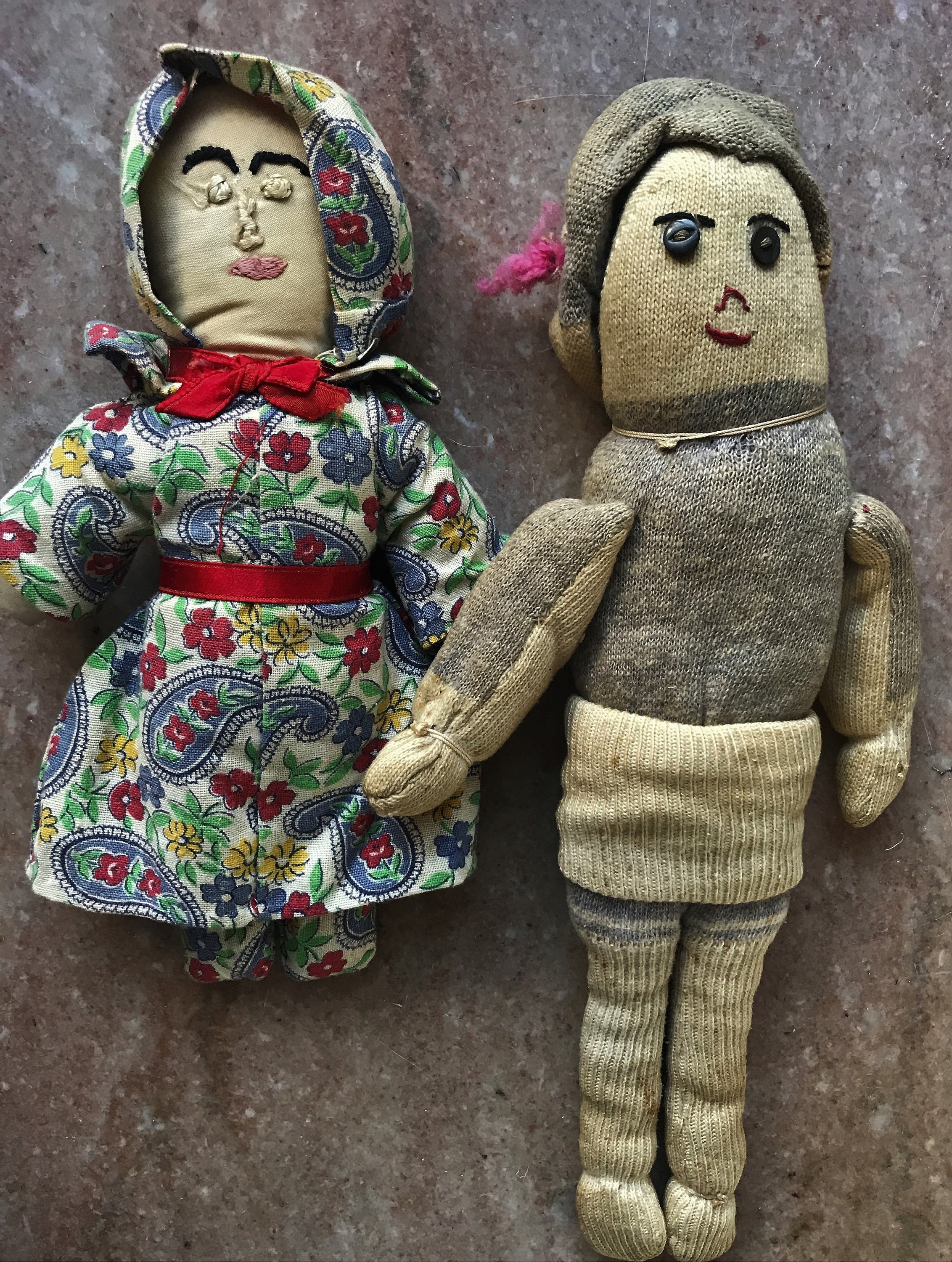 Antique Folk Art Cloth Girl Rag Doll Boy Sock Doll Friend Pair
