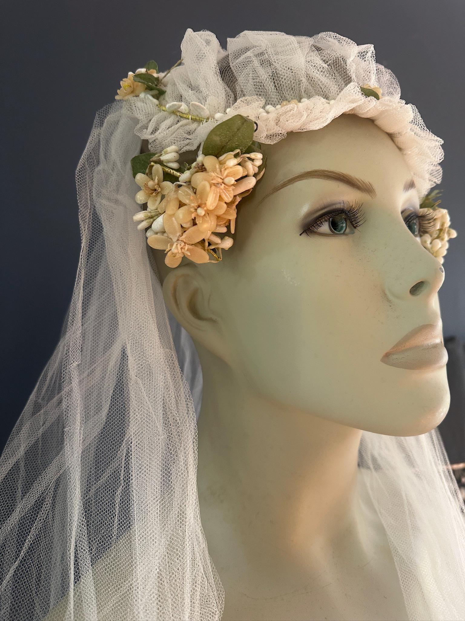 Antique 1920\'s Ivory Lace Bridal Headpiece With Wax Flower & Pearl Trim Wax Flower Crown; Restyle & Restore Vintage Antique Pieces main image 3