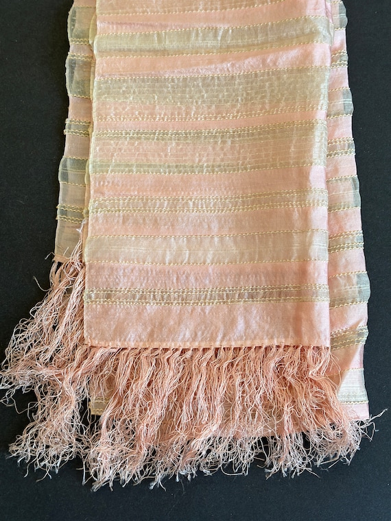 A+ Vintage Pink & White Fringed Silk Scarf Shawl W