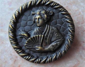 Large Antique Japanese Geisha Holding Hand Fan Metal Button