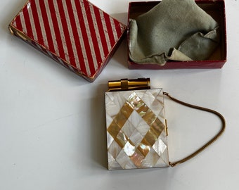 Vintage Wristlet Compact Lipstick Comb Mirror Mother of Pearl Purse in Original Box